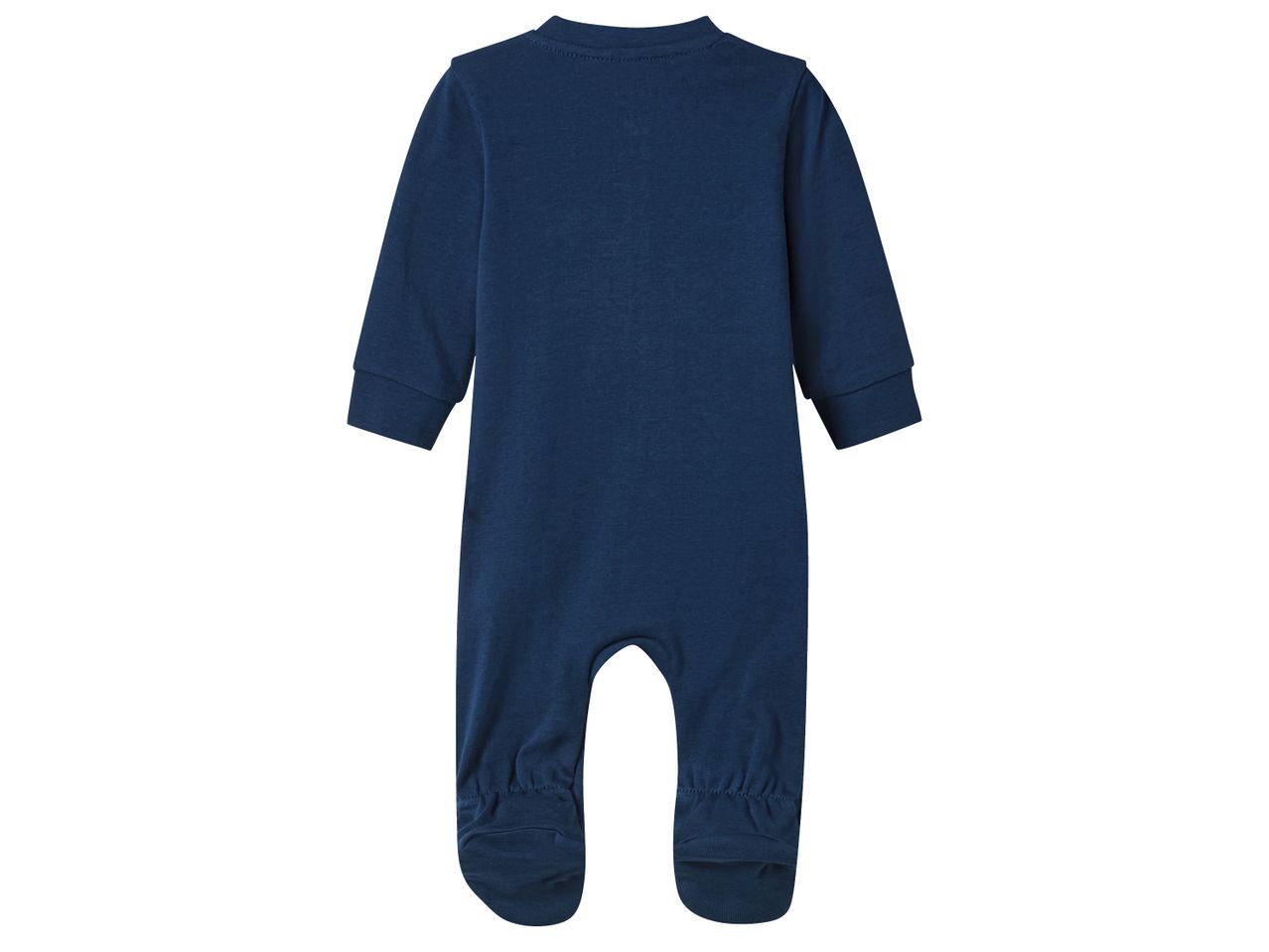 Тъмносин бебешки гащеризон с дълъг ръкав и крачоли с чорапчета, с изглед отзад.