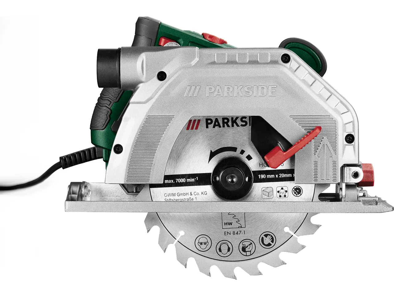 A Parkside circular saw with a 190mm blade is shown in a studio shot.