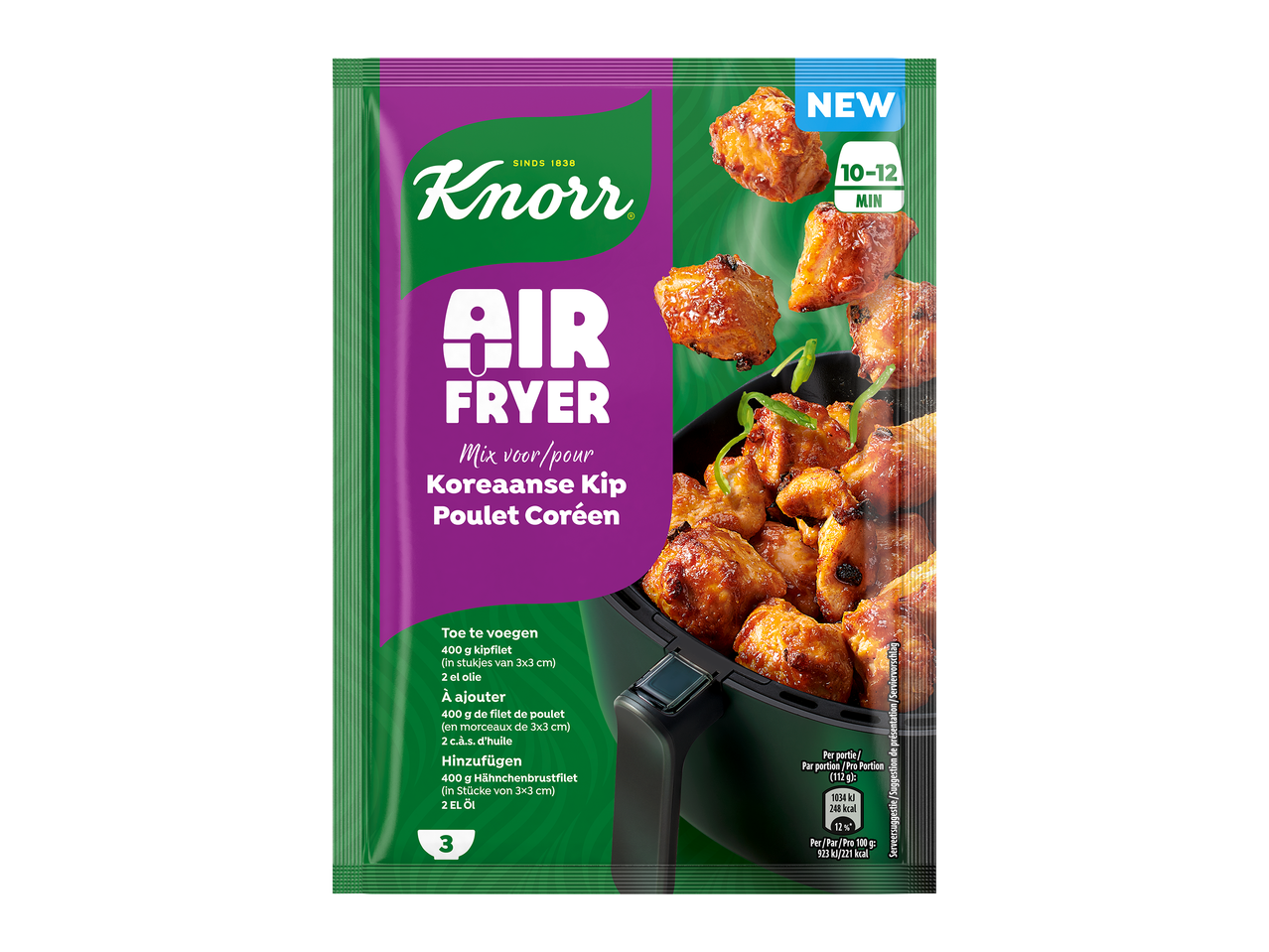 Paarse verpakking voor Koreaanse kip uit de airfryer, met bereide kipstukjes en een kooktijd van 10-12 minuten.