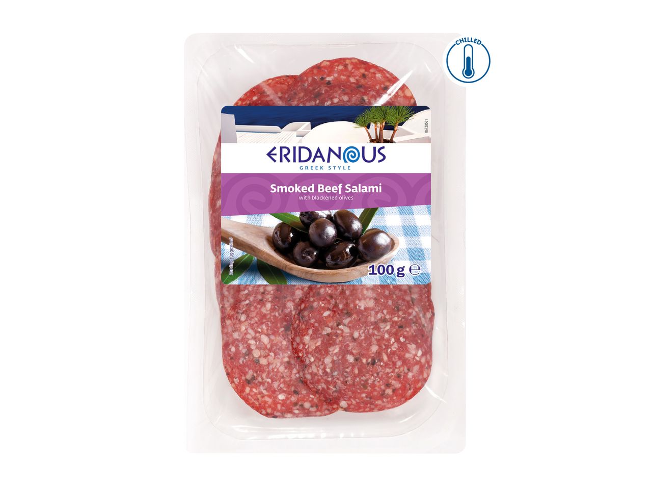 Chilled smoked beef salami with blackened olives, 100g.
