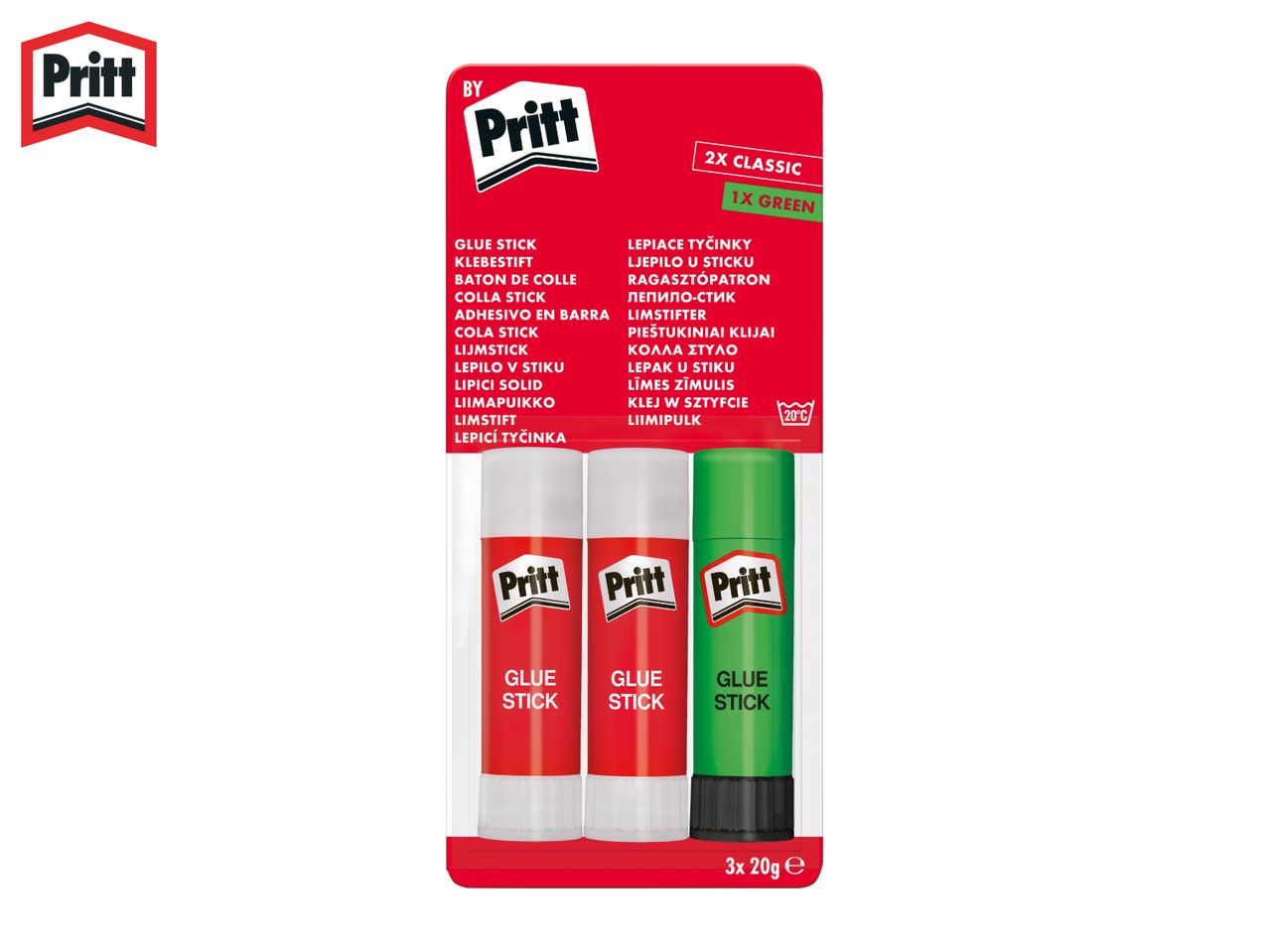 Three glue sticks, two red and one green, in a clear package with product details.