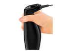 Hand holding a black immersion blender with a textured grip