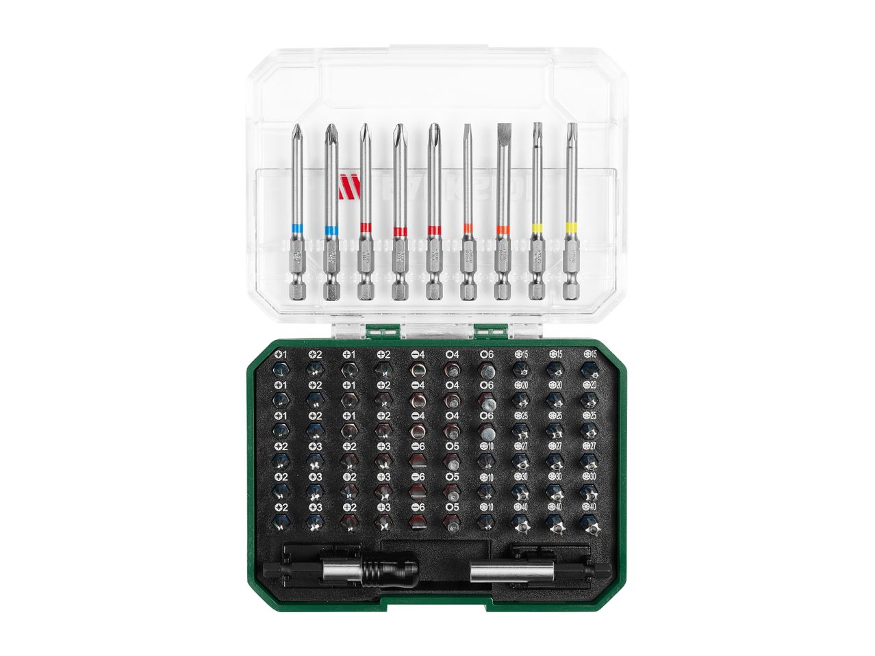 Open green and clear plastic case containing a variety of screwdriver bits and accessories