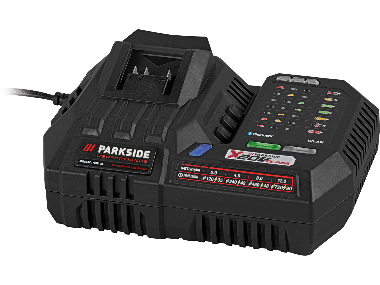 Parkside X 20V Team akumulatora lādētājs ar displeju un uzlādes indikatoriem.