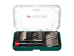 An open screwdriver bit set with various bits, including hex, Phillips, and Torx, and a handle.