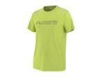 Lime green short-sleeved sports t-shirt with a black logo on the chest and reflective stripes.
