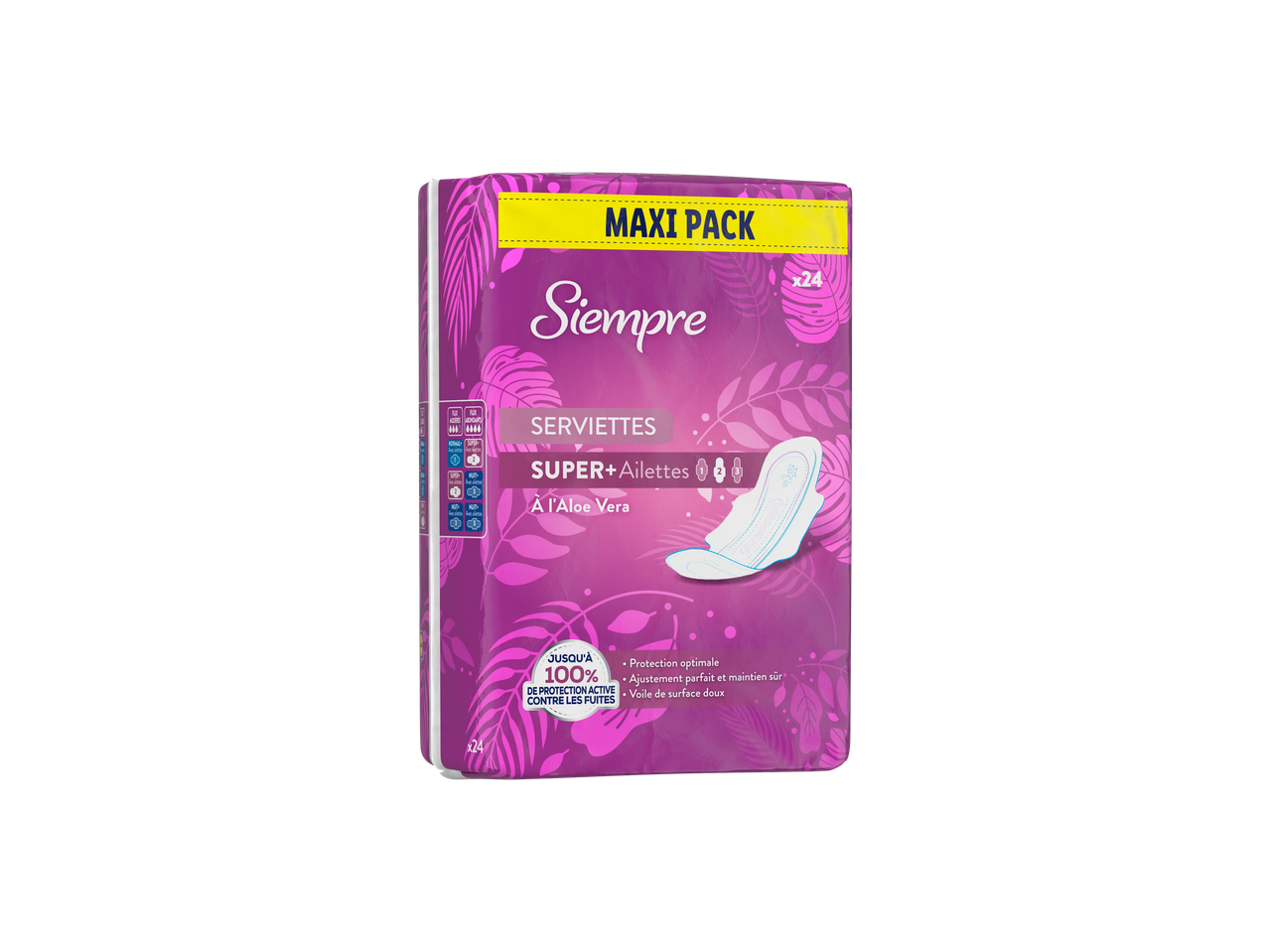 Maxi-pack de serviettes hygiéniques Sempre super absorbantes avec ailettes, à l'aloe vera.