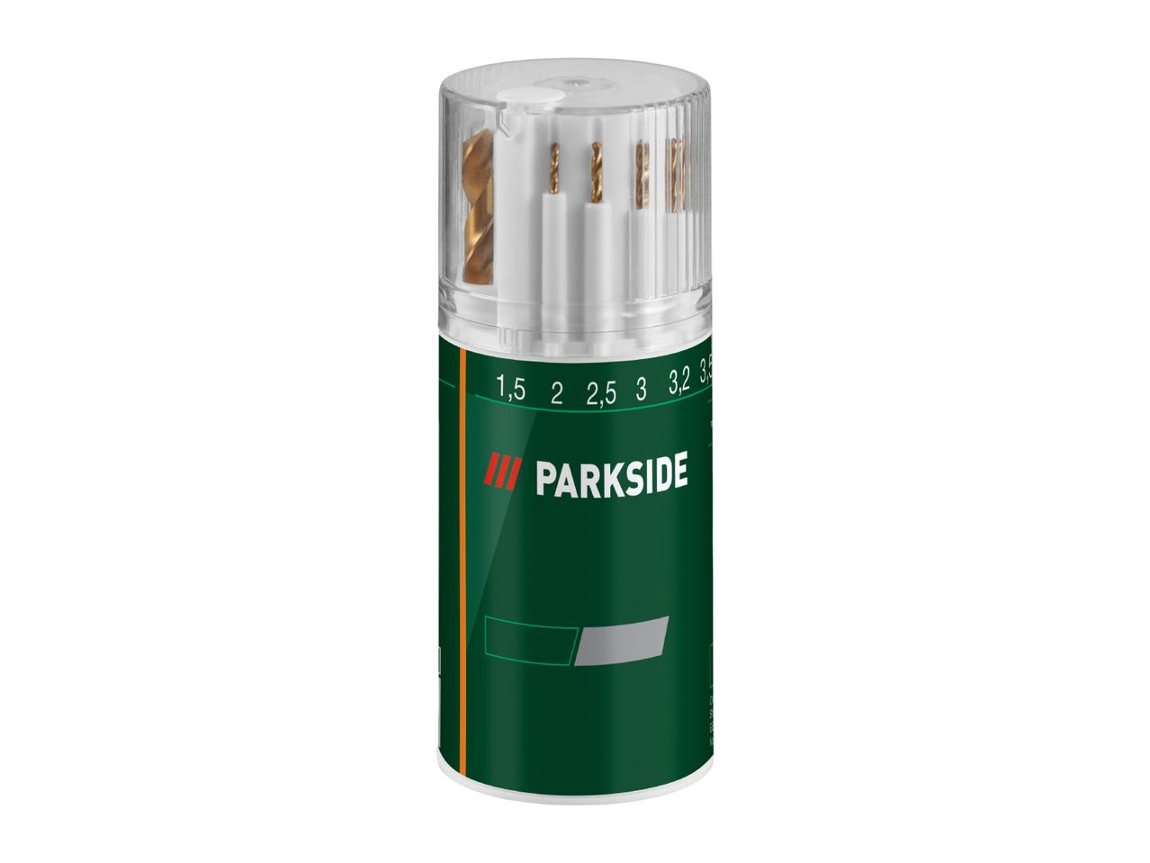 Parkside drill bit set with various sizes in a clear and green container.