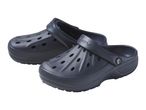 Pair of dark blue clogs with ventilation holes and a textured sole.