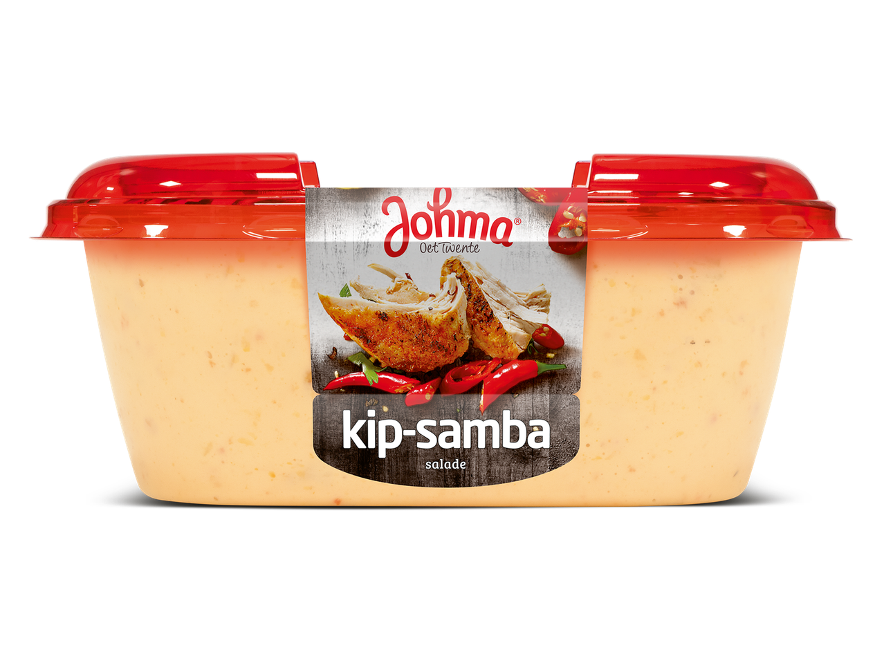 Kip-samba salade in een plastic bakje met een rode deksel.