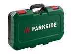 Green and black plastic tool case with red latches and carrying handle