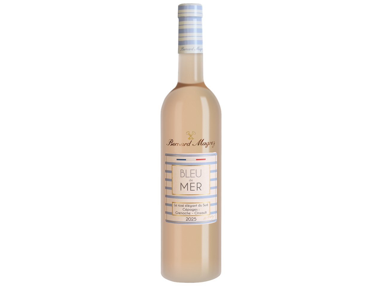 Bouteille de vin rosé avec une étiquette bleue et blanche, mentionnant 'Bleu de Mer' et le millésime 2025.