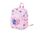 Pink backpack with cartoon characters, hearts, and text 