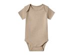 Plain beige short-sleeved baby bodysuit with snap closures