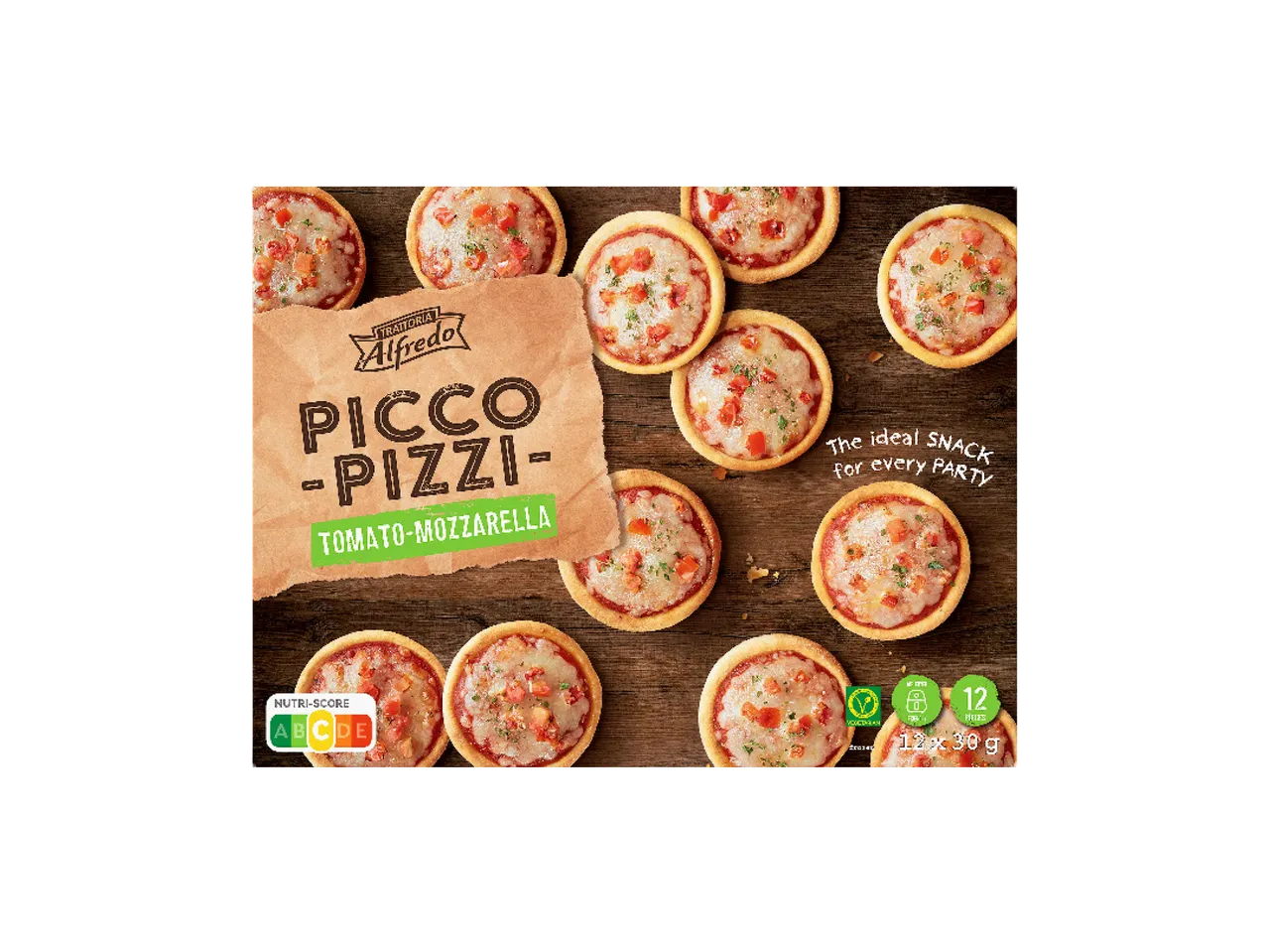 Mini pice sa paradajzom i mocarelom, idealne za zabave, sa Nutri-Score ocenom B.