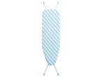 A light blue and white striped ironing board with white legs and light blue feet.