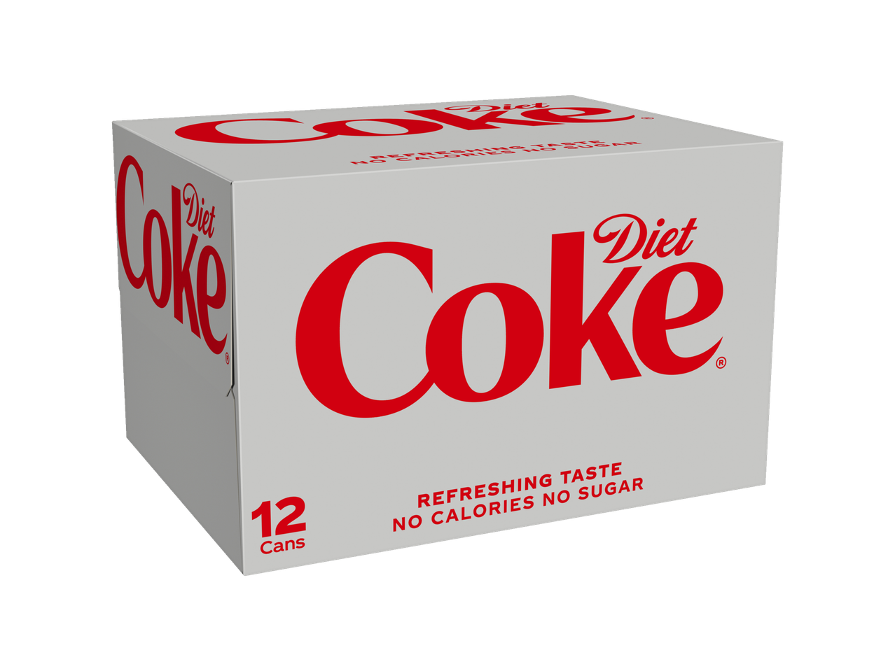 A 12-pack of Diet Coke cans, featuring the brand's logo and product details.
