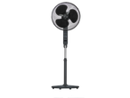Black pedestal fan with a mesh grille, control panel, and a round base.