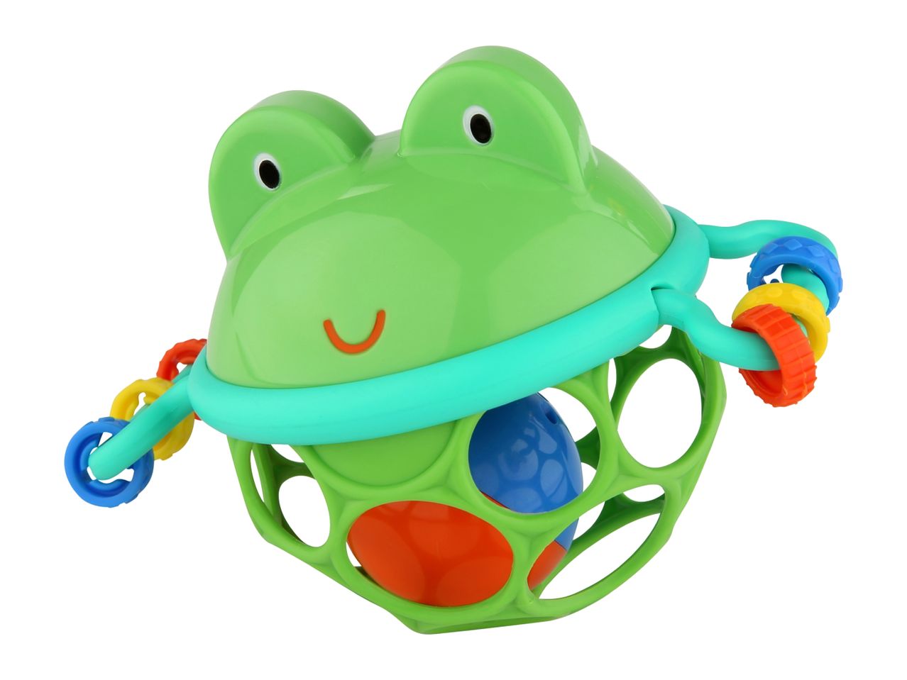 Green frog-shaped baby rattle with colorful rings and a textured ball inside.