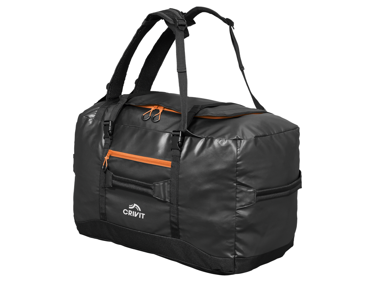 Crivit reistas, zwart met oranje details.