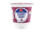 Creamy cherry yogurt cup with nutritional information.