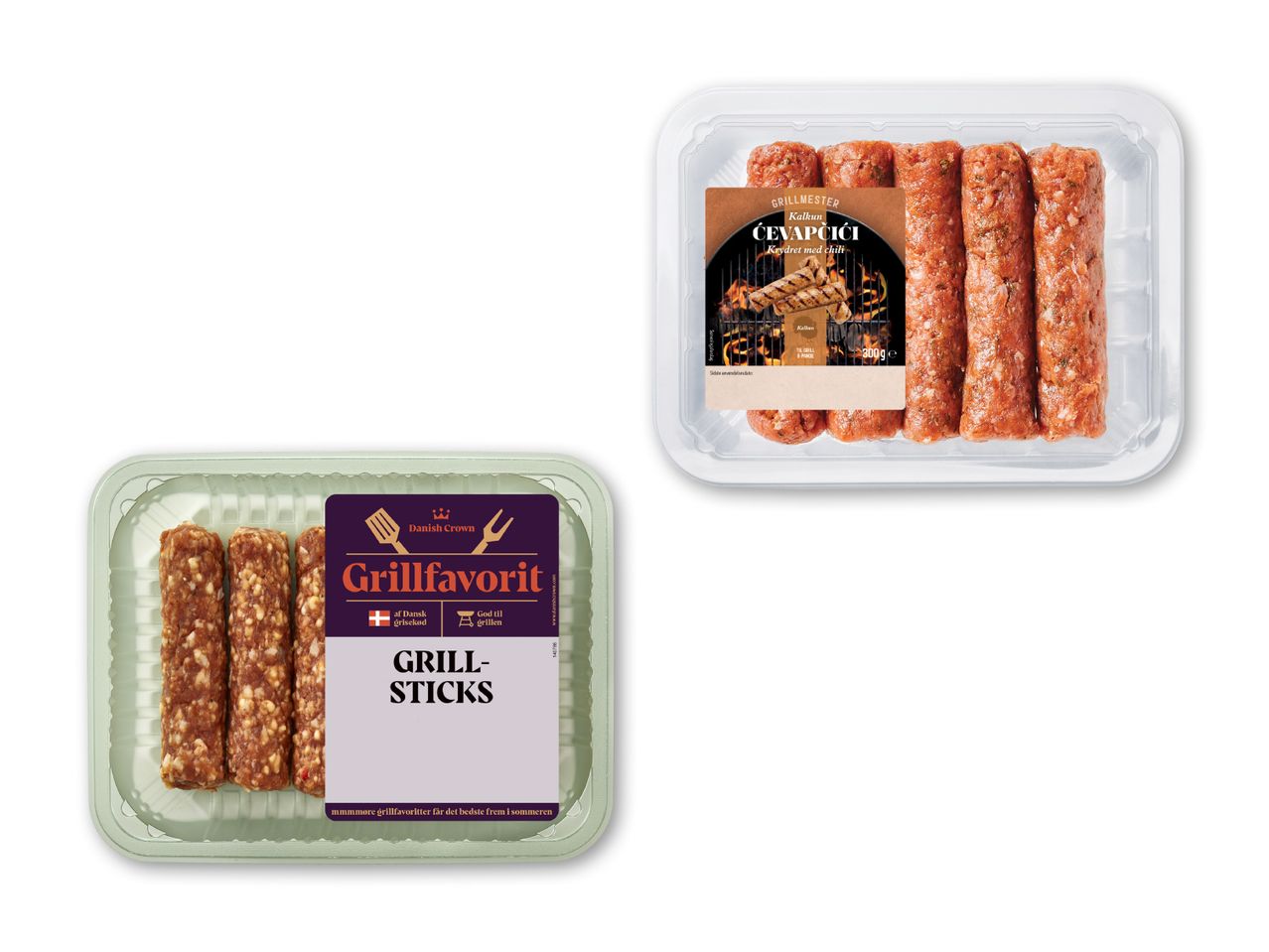 To pakker med færdiglavede kødspyd, muligvis fra Meny.