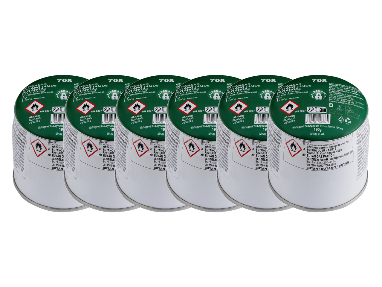 Шест зелени газови бутилки за къмпинг с надписи на няколко езика и предупредителни символи.
