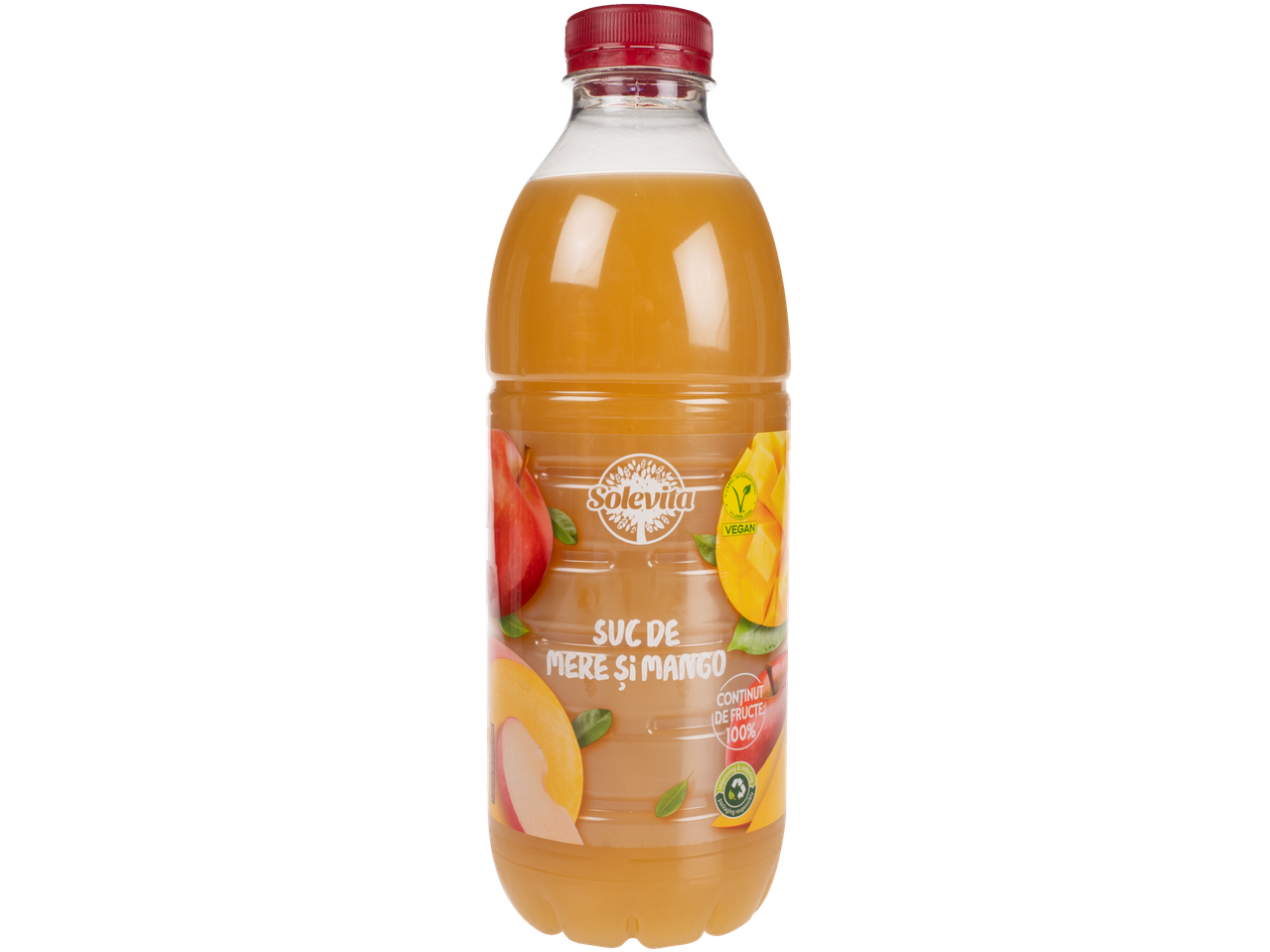 Suc de mere și mango Solevita în sticlă de plastic.