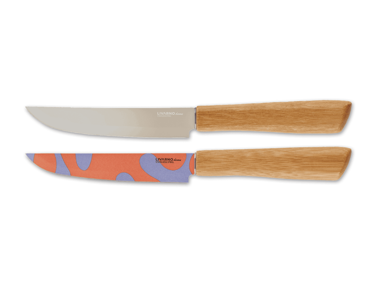Zwei LIVARNO home Messer mit Holzgriff, eines mit unifarbenem, eines mit gemustertem Klingenblatt.