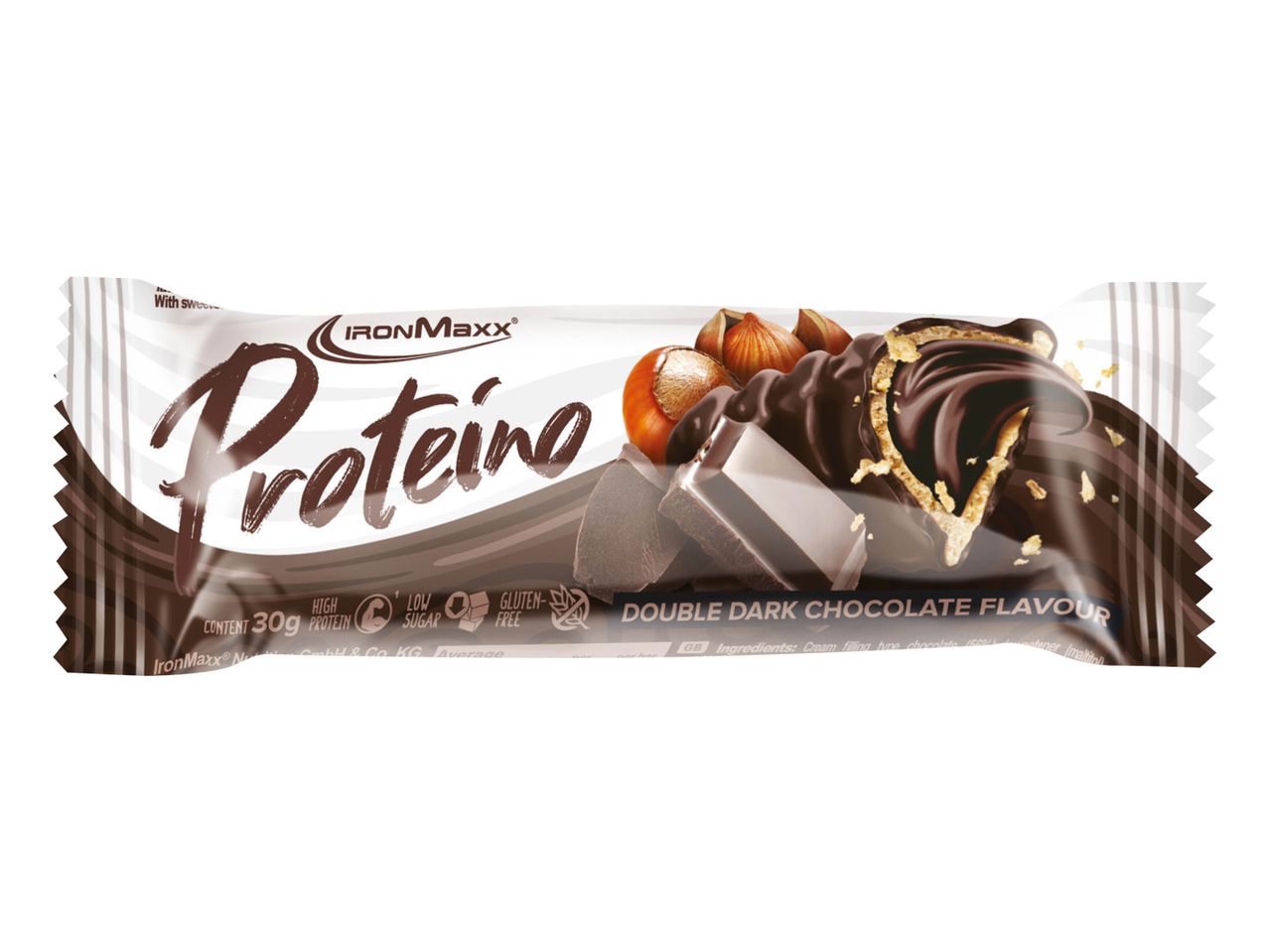 Barre protéinée IronMaxx Proteino saveur double chocolat noir avec noisettes.