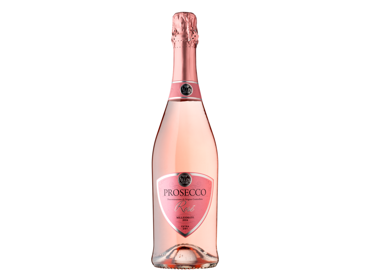 O sticlă de Prosecco Rosé Millesimato 2024, cu etichetă roz și folie roz.