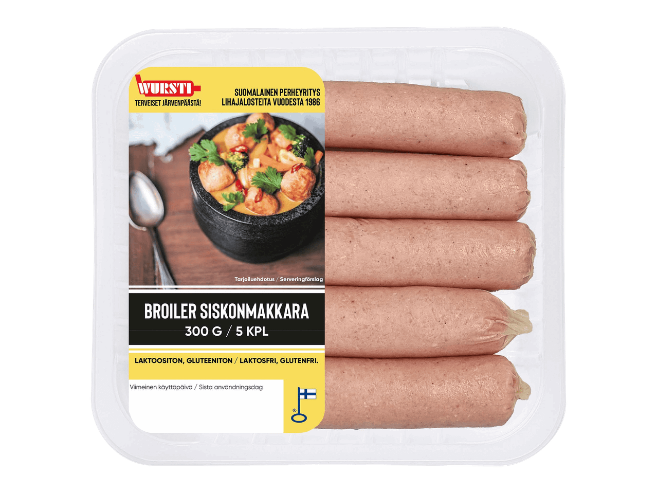 Wursti Broiler siskonmakkaraa (300g, 5 kpl), laktoositon ja gluteeniton.