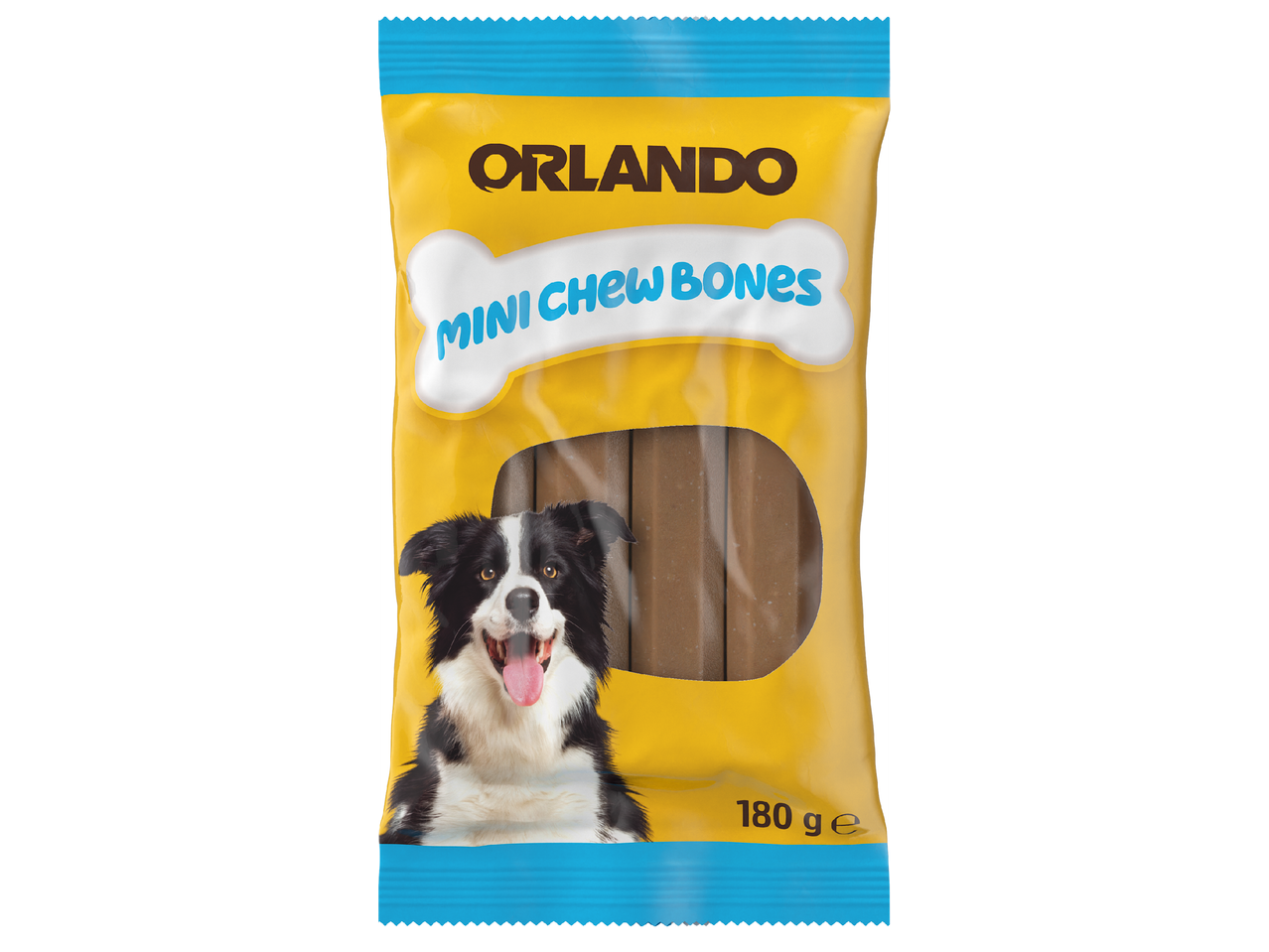 Жълта опаковка с лакомства за кучета, с надпис „Mini Chew Bones“ и изображение на куче.