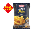 En pose frosne Jumbo Fries med teksten 'Fast lav pris' på en rød etiket.