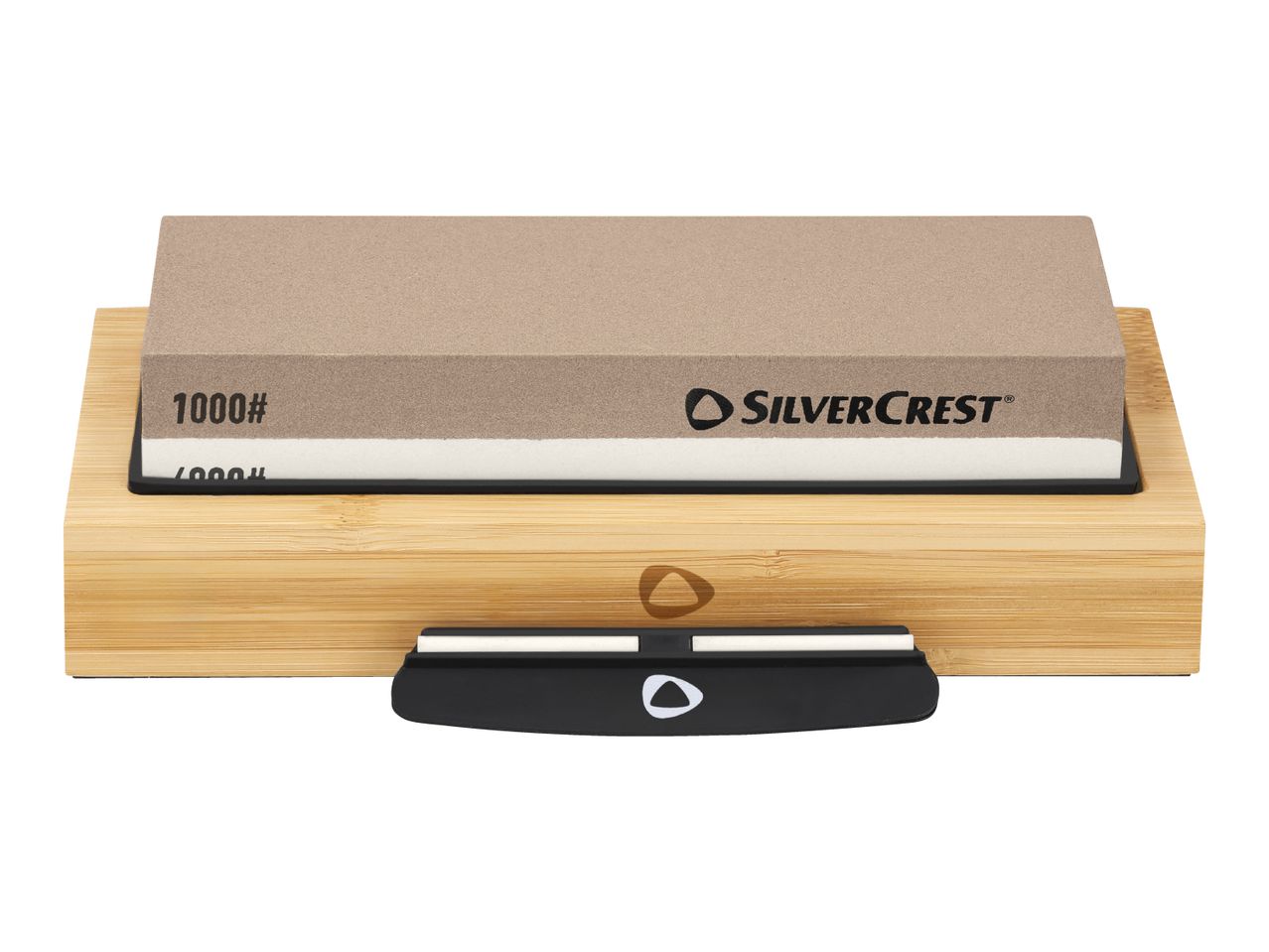 A two-sided sharpening stone with 1000# grit on a bamboo base, with a sharpening guide.