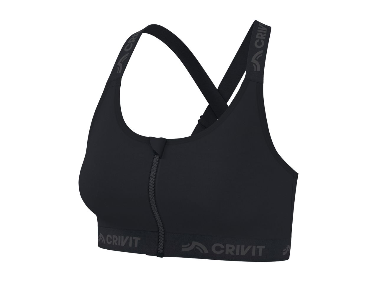 Black sports bra with a front zipper and criss-cross straps, featuring a logo on the band.