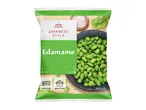 Japanese style edamame in a bag, with cooking instructions and a bowl of edamame.