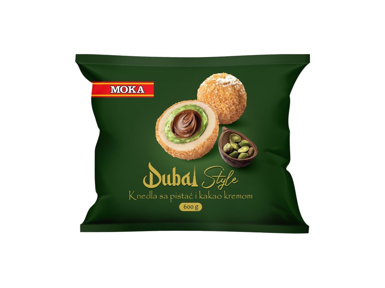 Pakovanje knedli sa pistać i kakao kremom, brenda Moka, u Dubai stilu.