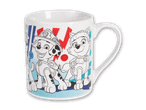 Weiße Tasse mit Paw Patrol-Figuren, Marshall und Everest, als Ausmalbild.