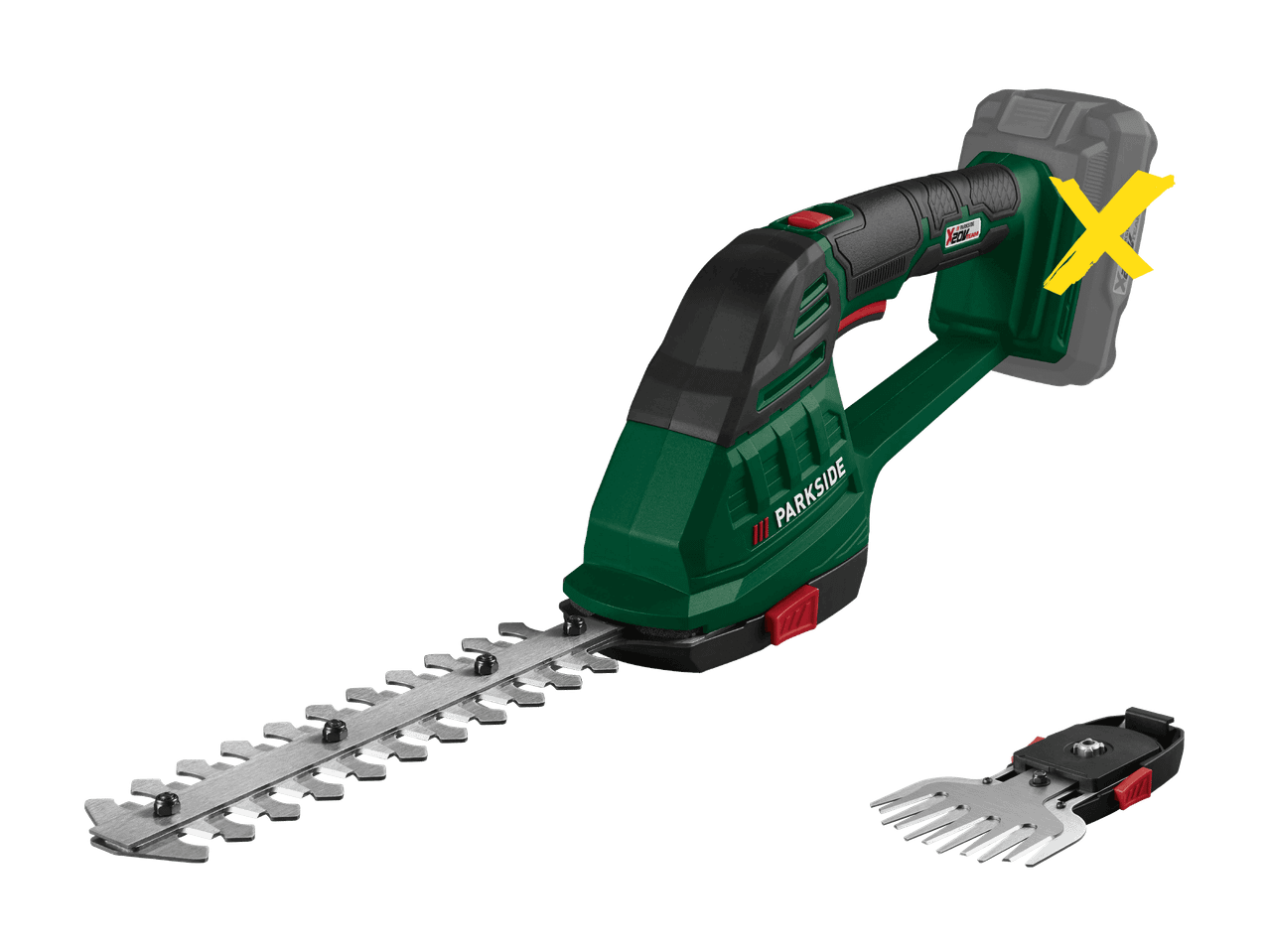 Grüne und schwarze Akku-Heckenschere mit langer Klinge und Grasschneideaufsatz.