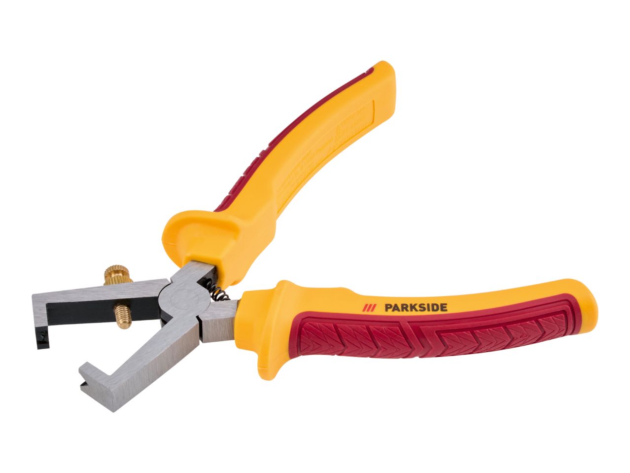 Yellow and red wire stripper tool with metal jaws and a spring mechanism.