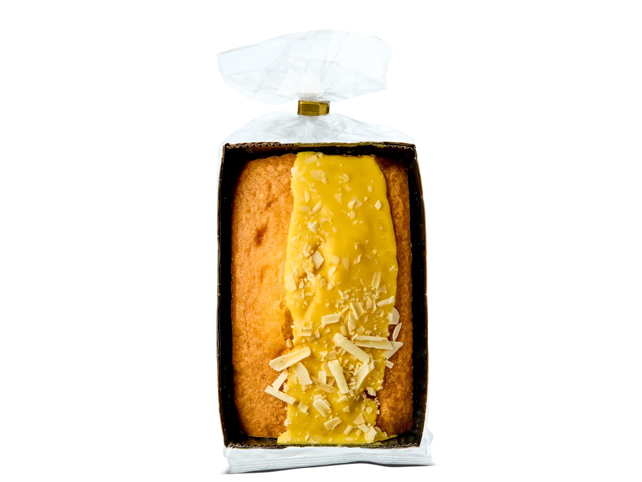 Citroencake met gele glazuur en witte chocoladeschaafsel in verpakking