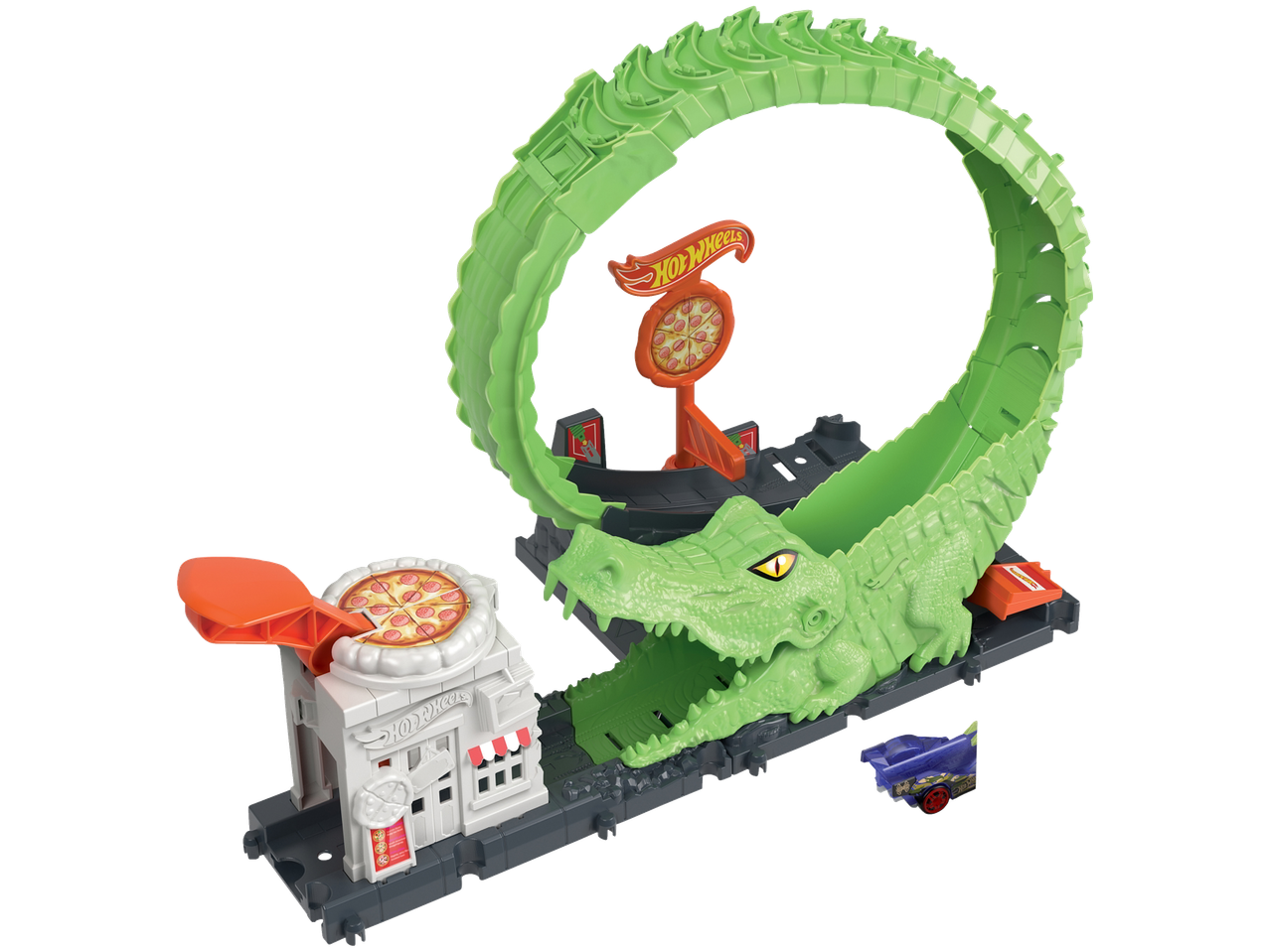Hot Wheels Play Track krokodilli ja pitsarestoraniga.