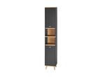 Tall, narrow cabinet with dark gray doors and light wood open shelves and legs.