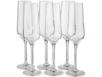 Sei flute da champagne trasparenti.
