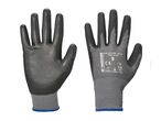 Two gray and black work gloves, one showing the palm and the other the back with text.
