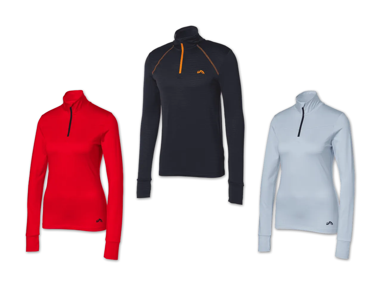 Drei langärmlige Sportshirts in Rot, Dunkelblau und Hellblau mit Reißverschluss am Kragen.