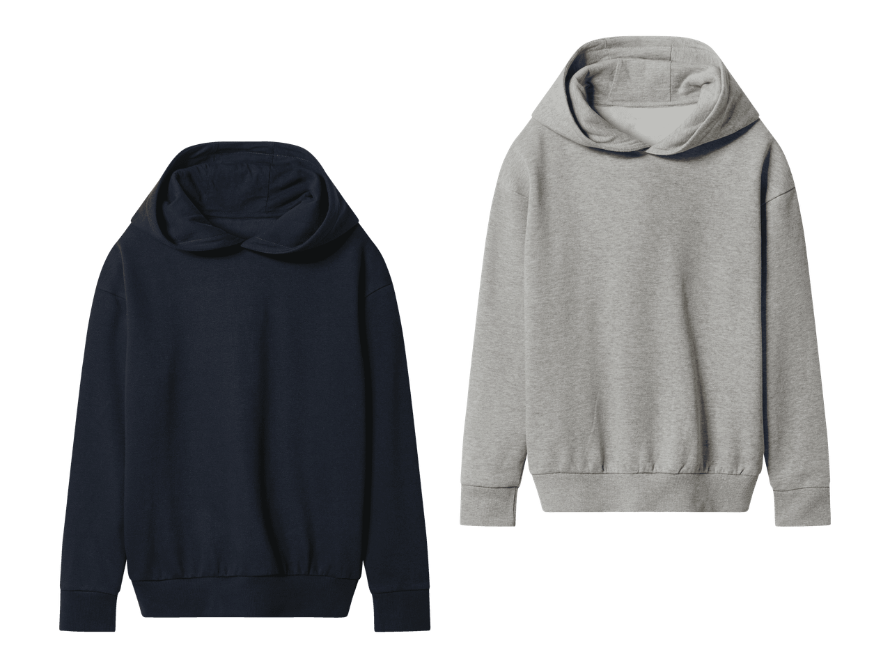 Kaksi hupparia, toinen tummansininen ja toinen harmaa, mustalla taustalla.