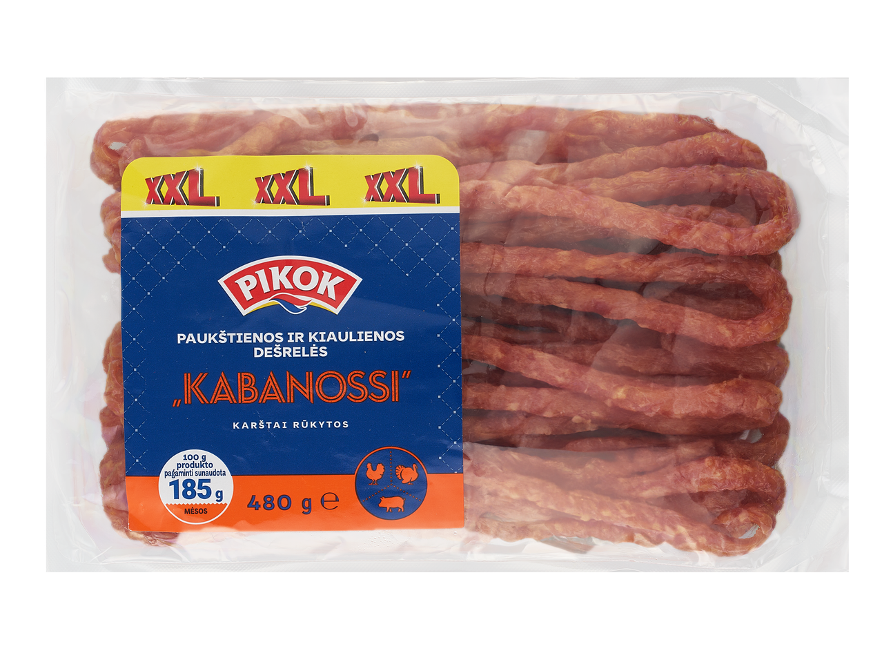 Pikok Kabanossi XXL vištienos ir kiaulienos dešrelės pakuotėje