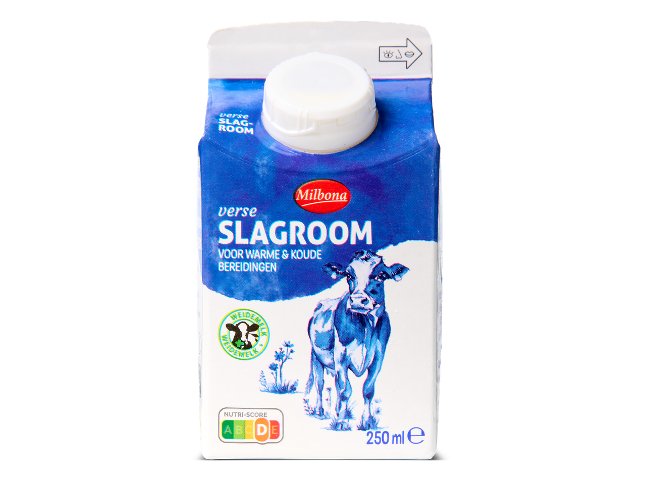 Een pakje verse slagroom van 250 ml met een afbeelding van een koe.